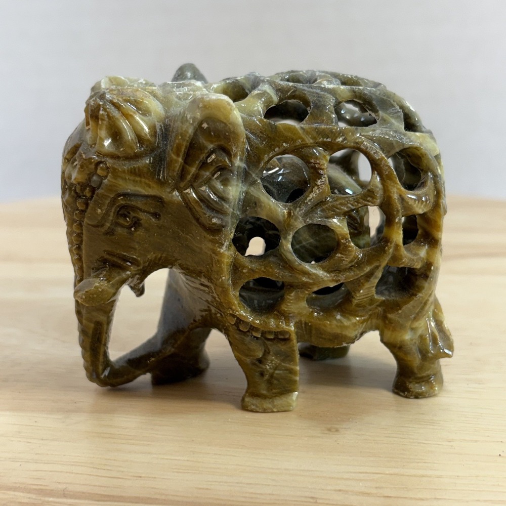 Vintage Carved Soapstone Elephant Figurine Baby Inside Lattice Jali Design Brown